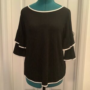 Cable & Gauge Women’s Black Top White Trim 1/2 Length Ruffle Sleeves Sz PS